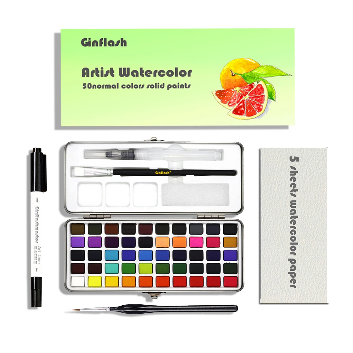 90 Color Watercolor Paint Set with Glitter, Portable Metal Case and squirrel hair brush, for creative learning and painting.