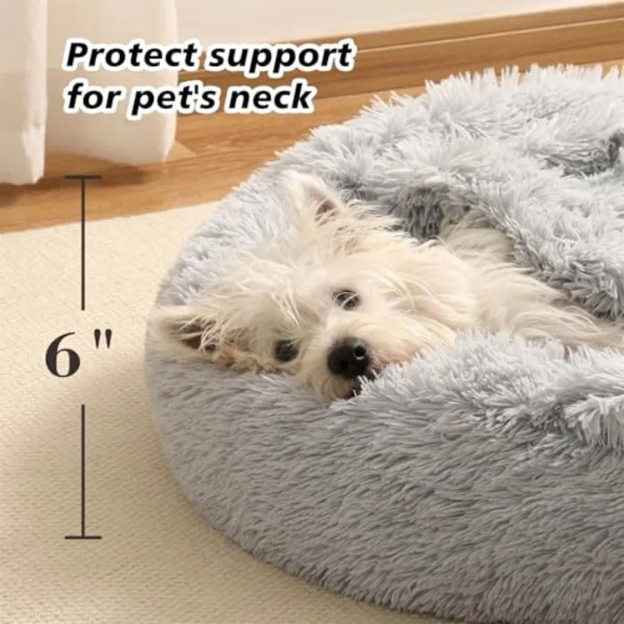 Calming Donut Dog Bed with Hooded Blanket Plush Fluffy Cave Bed for Small and Medium Dogs, Machine Washable Anti-Anxiety Pet Be