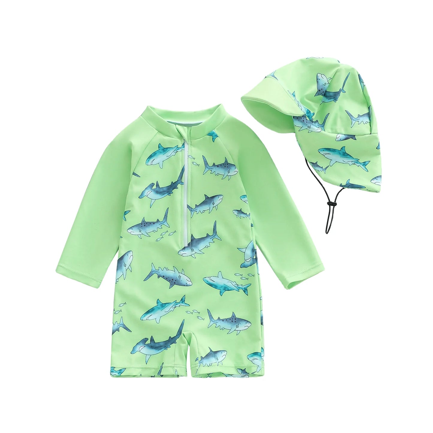 Baby Boys  Rash Guard Swimsuit with Shark Print and Zipper Closure. Long Sleeve Bathing Suit with Matching Swim Cap for Summer Fun