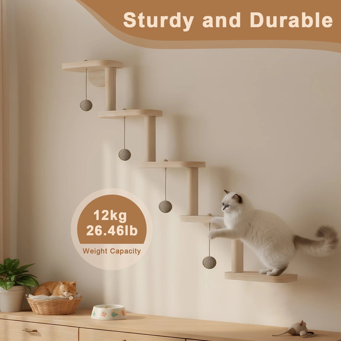 Five Layer Wooden Cat Climbing Frame that is Wall Mounted for Kitty Exploration