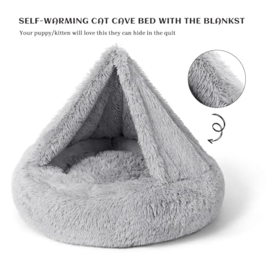 Calming Donut Dog Bed with Hooded Blanket Plush Fluffy Cave Bed for Small and Medium Dogs, Machine Washable Anti-Anxiety Pet Be