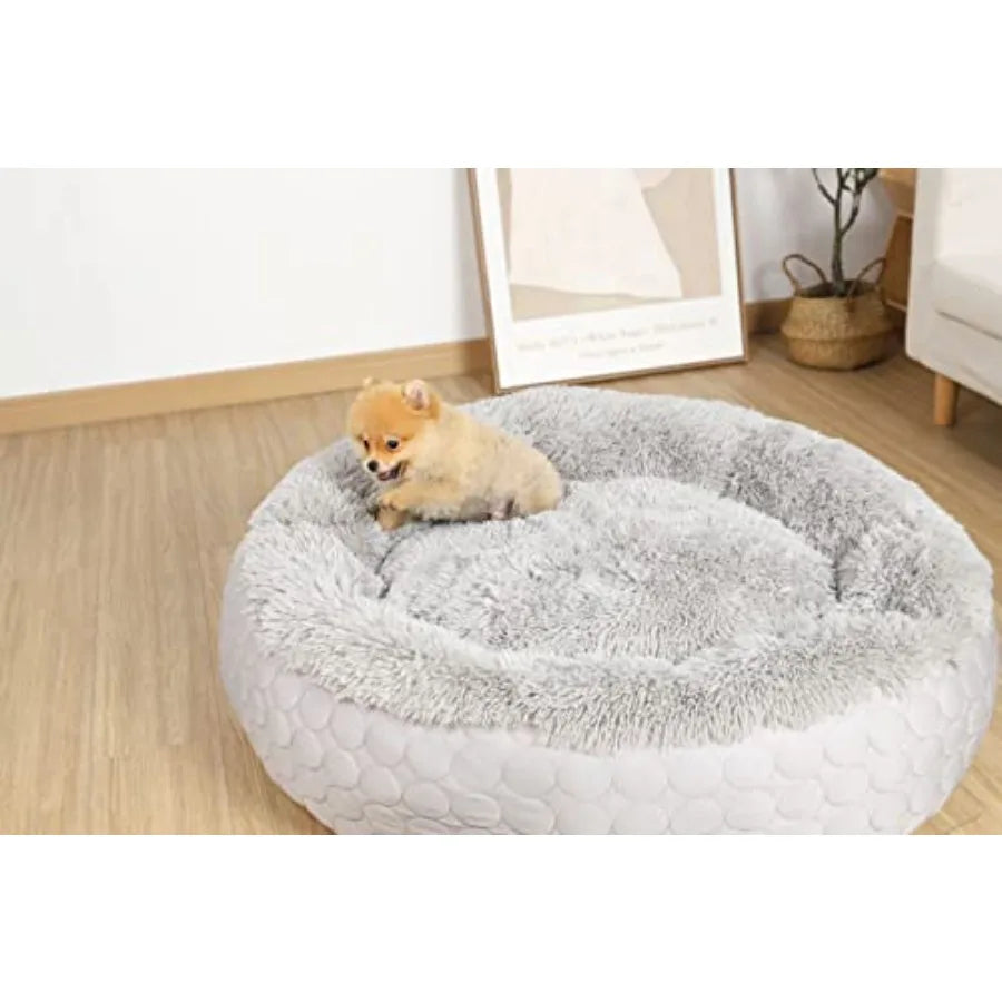 Dog Donut Calming Bed, Fluffy Cushion for Dogs, Cooling and Warming Double Sided for Comfort.