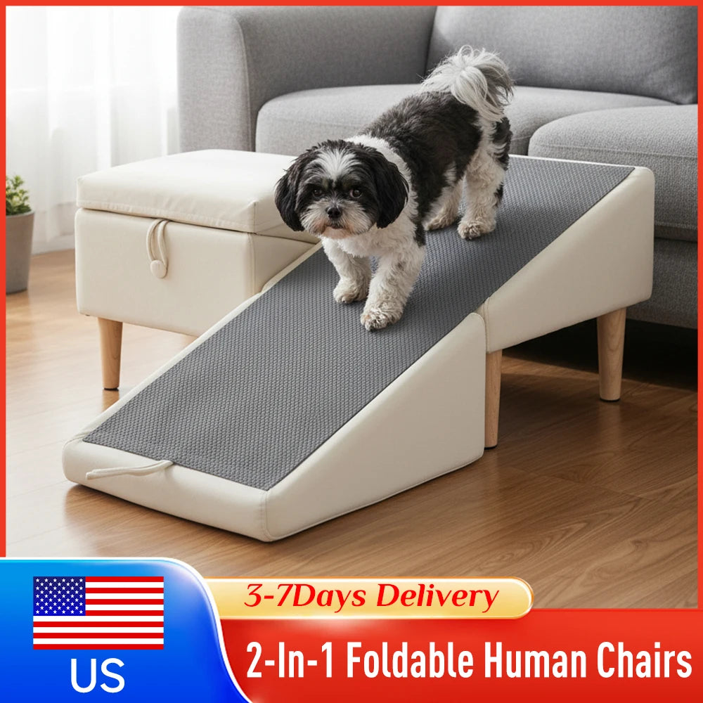 Convertible Pet Ramp With Foldable Footstool Helps Small Pets or Aging Pets Reach Higher Surfaces