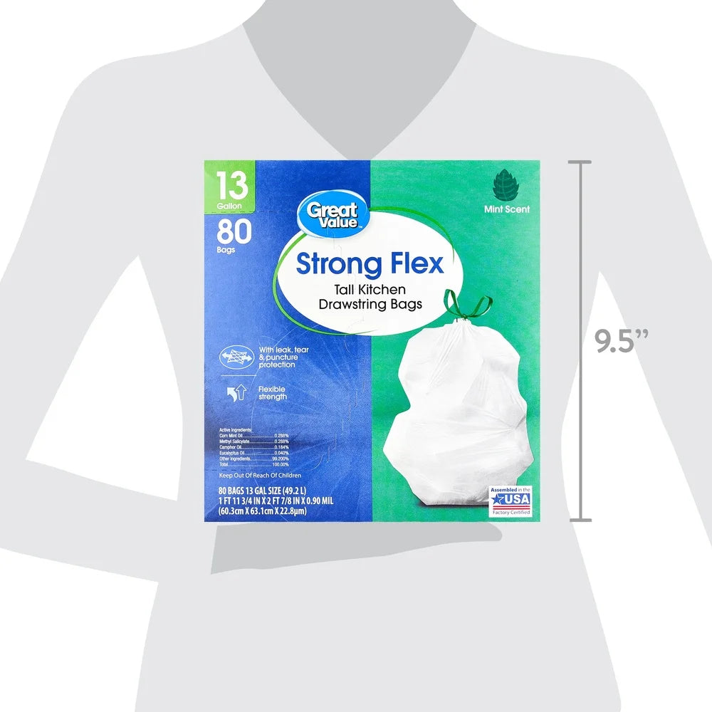 Strong Flex Kitchen Drawstring Trash Bags With Leak Protection For Busy Homes