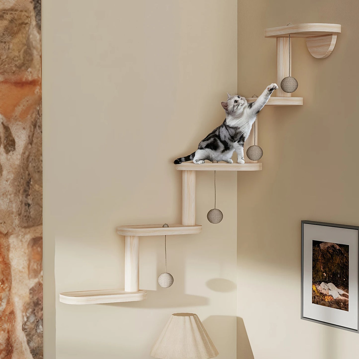 Five Layer Wooden Cat Climbing Frame that is Wall Mounted for Kitty Exploration