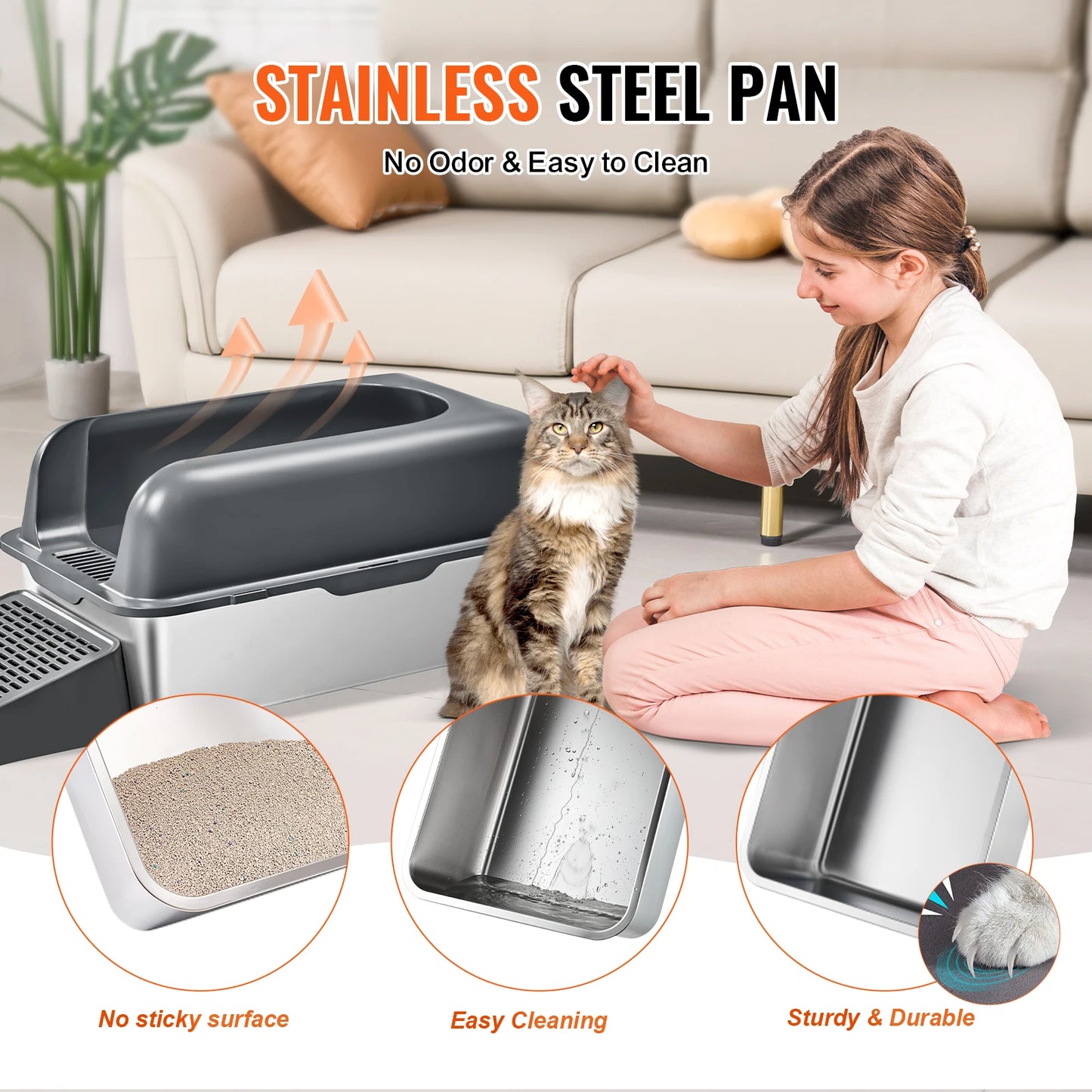 Stainless Steel Cat Litter Box With Scoop And Ramp