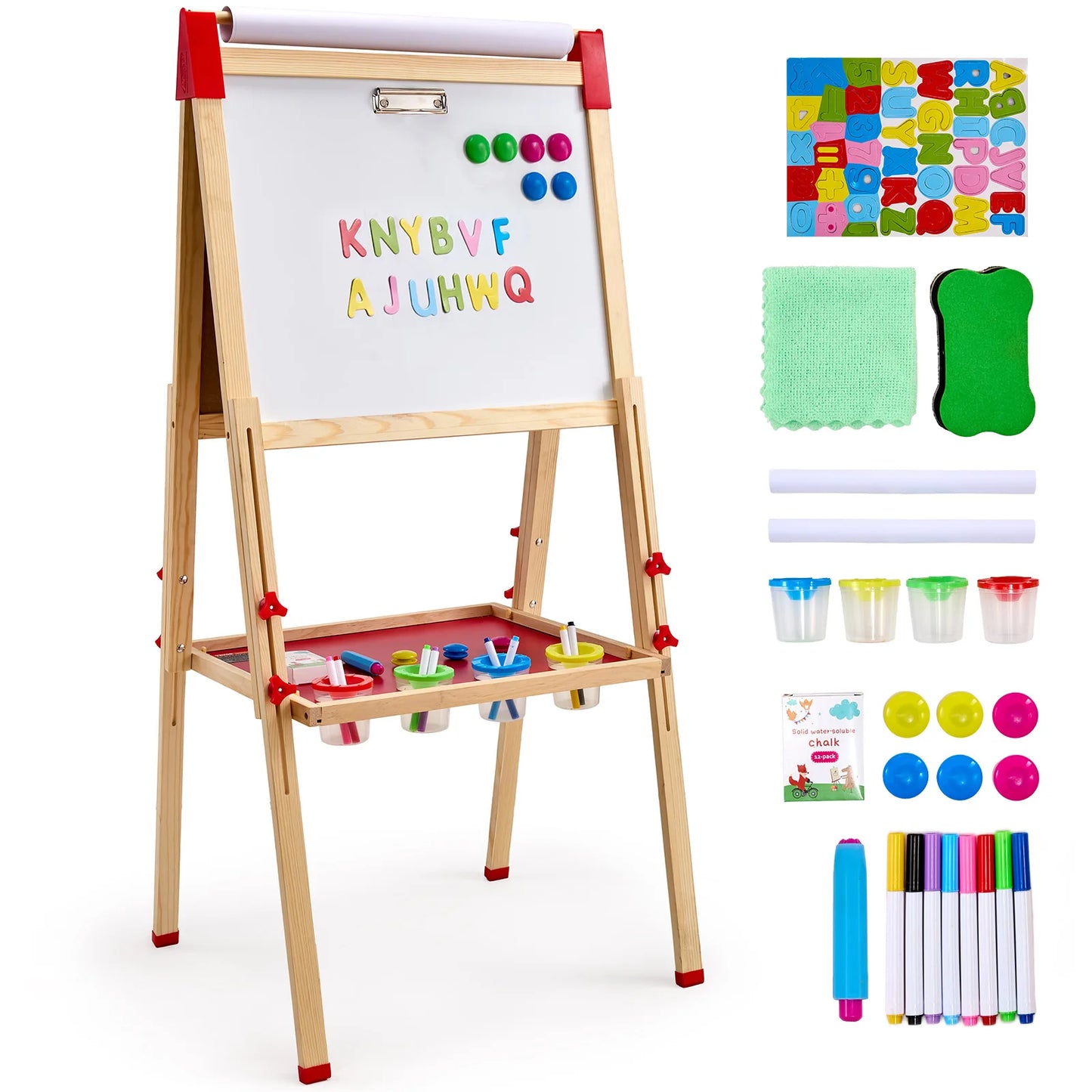 Adjustable Children's Magnetic Drawing Board, Wooden Double-Sided Art Easel with Whiteboard - Chalkboard for creative play.
