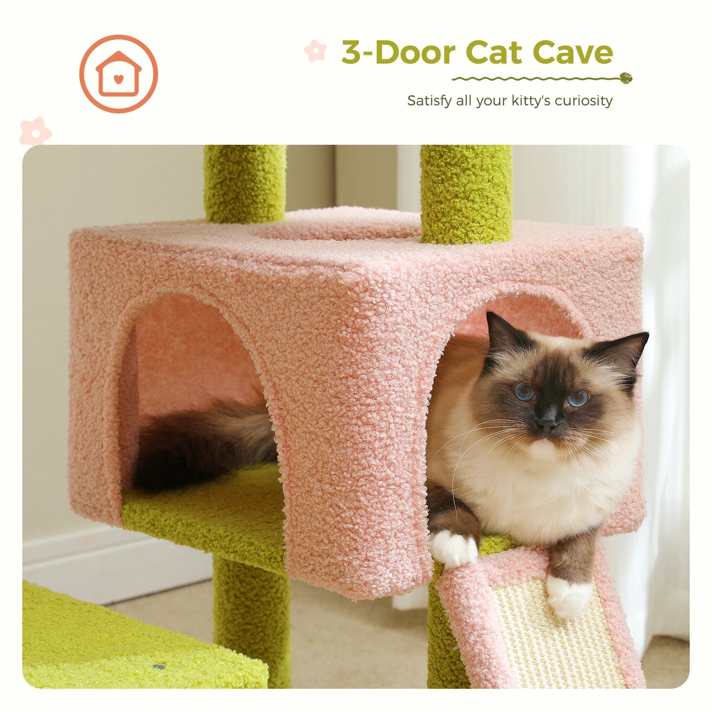 Colorful Cat Tree Tower With Sisal Posts And Perches and cute flower rooftop