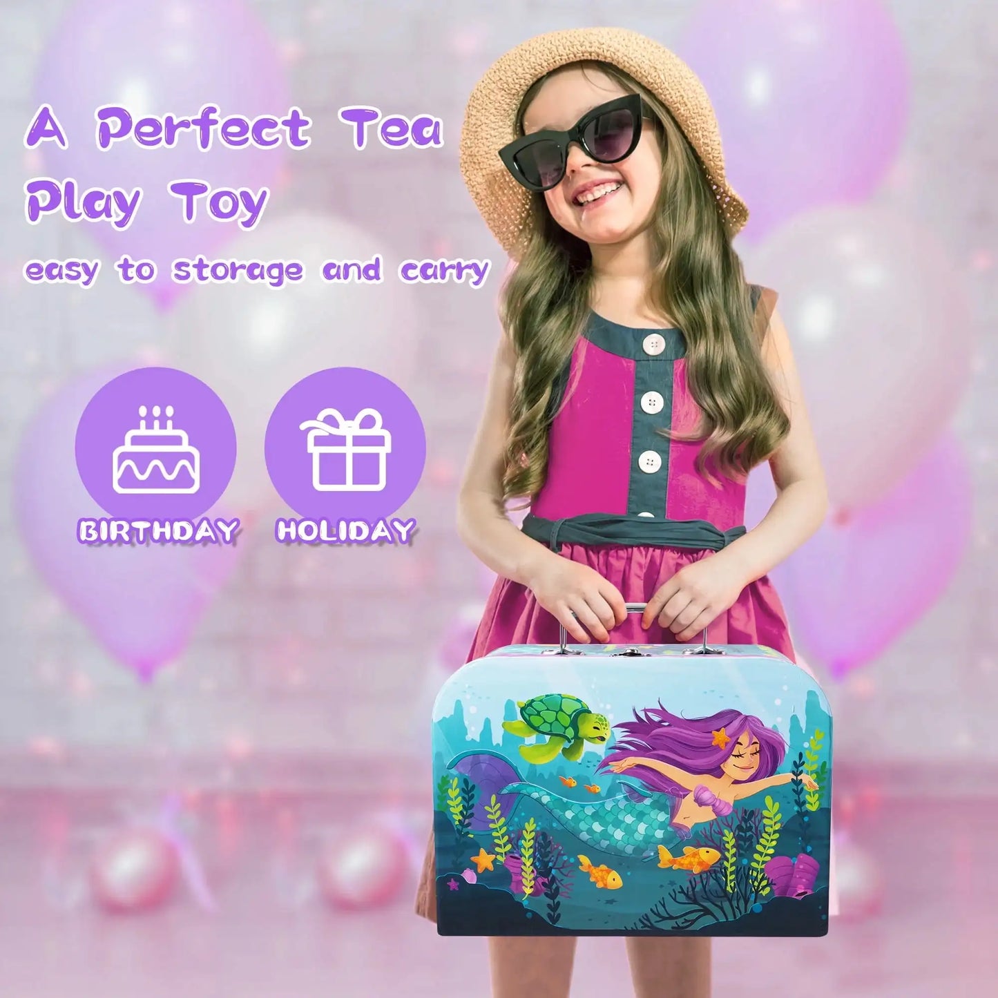 Child's Tea Set, Mermaid Tea Party, for Princess Pretend Play. Tin Teapot, Cups, Plates and Carry Case for  Toddlers to 6 Years Olds