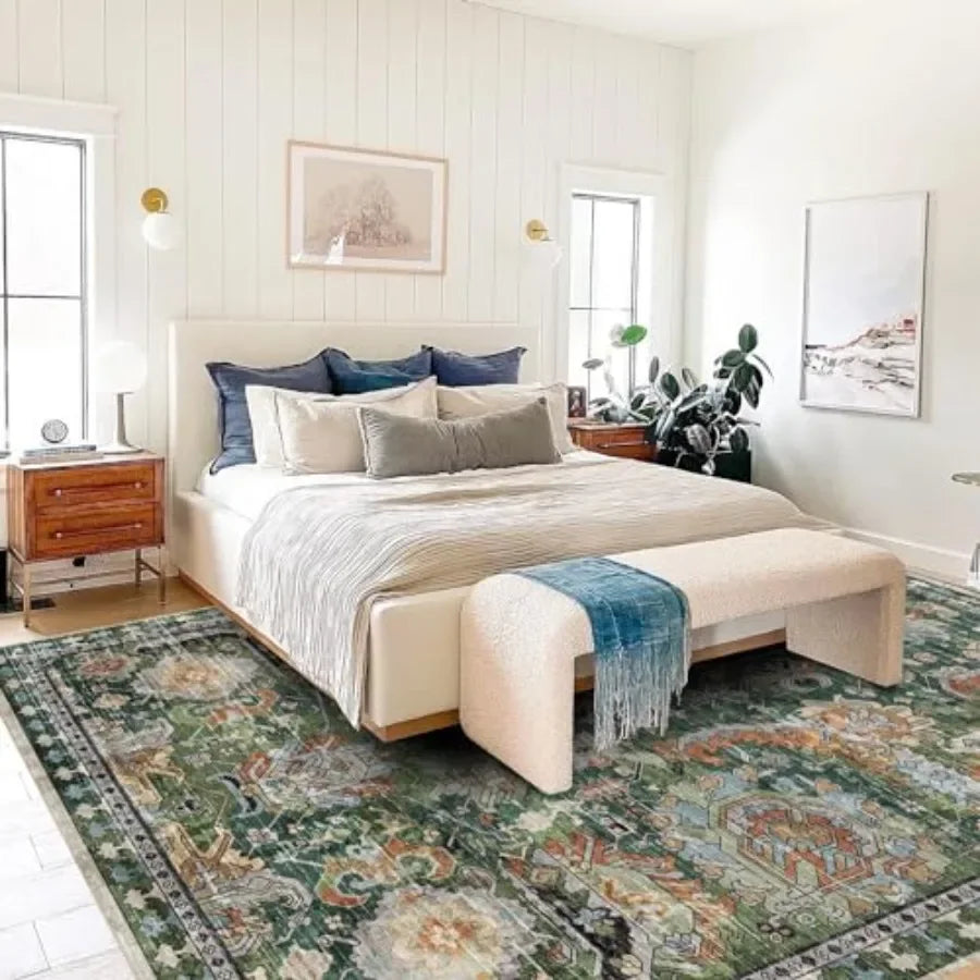 Kilim Print Area Rug With Anti Slip Backing Washable Polyester