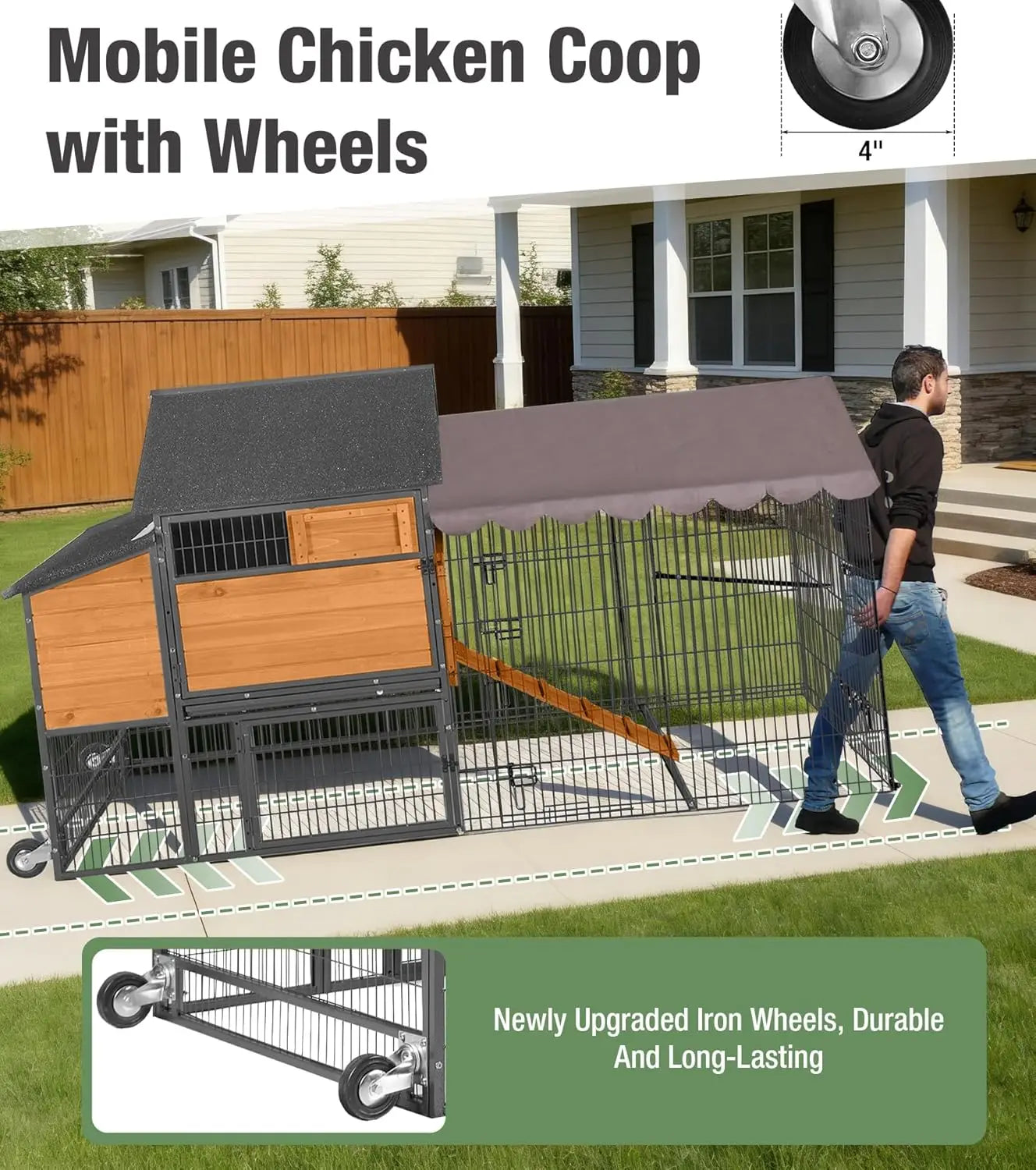 Mobile Chicken Coop with Run and Vent Window, Lockable, Waterproof