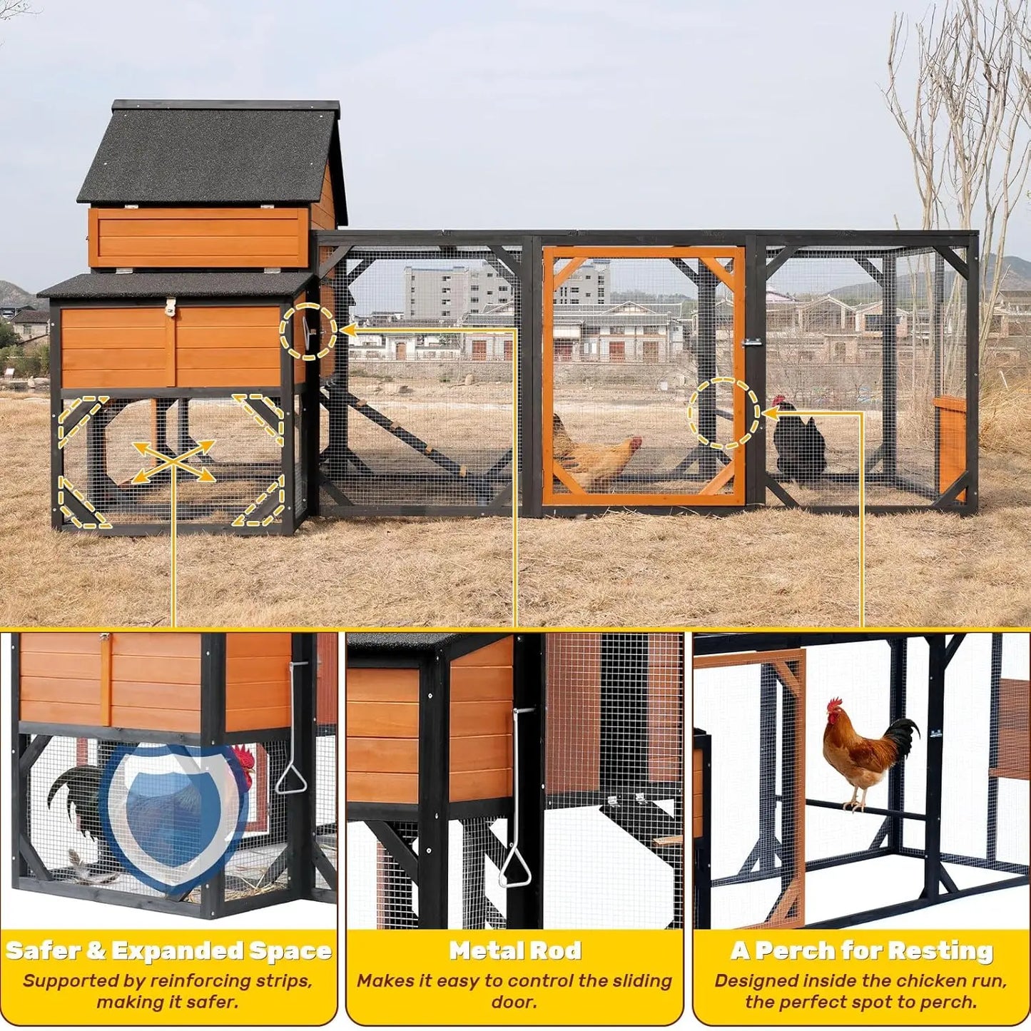 Wooden Chicken Coop With Run For Hens Nesting Boxes Perches