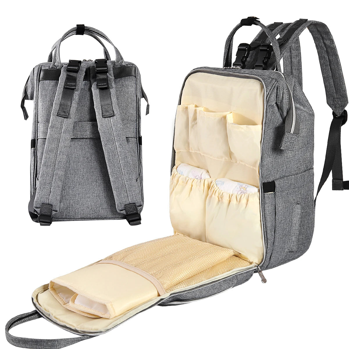 Stylish Diaper Bag/Backpack with Insulated Pocket, Stores 3 Bottles, Changing Pad for families on the GO