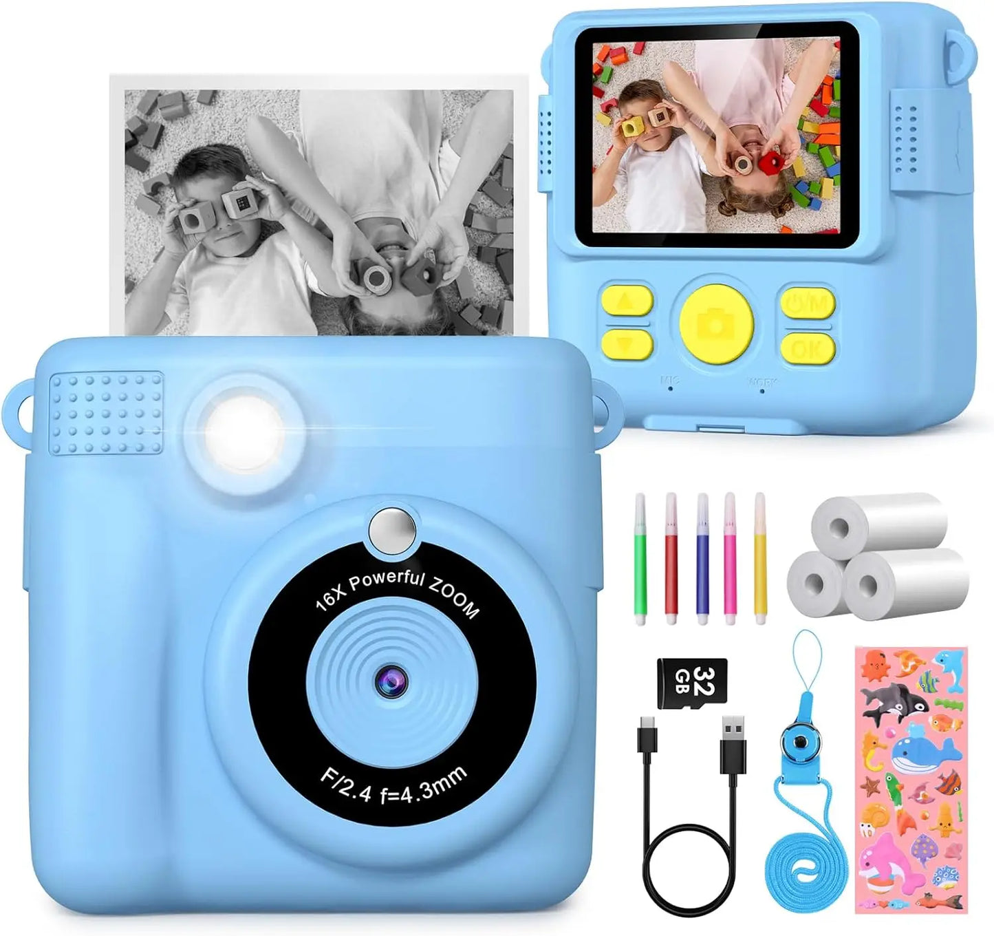 Kids Digital Camera 1080P HD Instant Print Camera with 32GB Card Gift For Boys - Girls 5-12