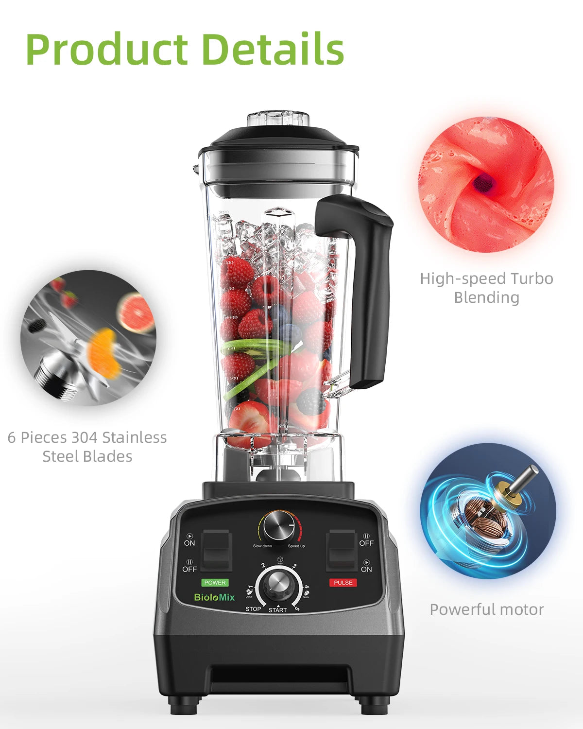 3HP 2200W Heavy Duty Blender, Mixer, Juicer, Food Processor for Soups, Smoothies, Baby Foods, BPA Free with 2L Jar