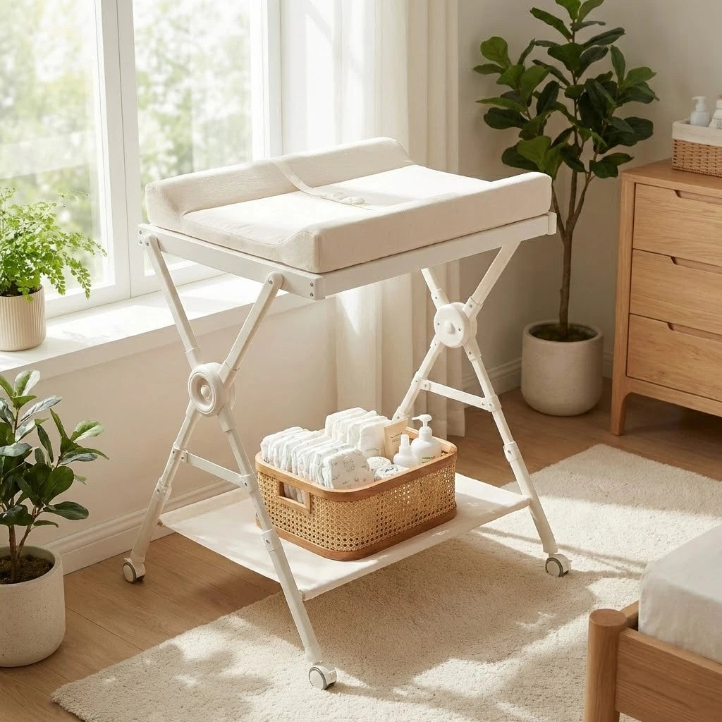 Portable Foldable Baby Changing Table With Wheels And Adjustable Height to Meet Baby's Needs in Family Spaces and Nursery.