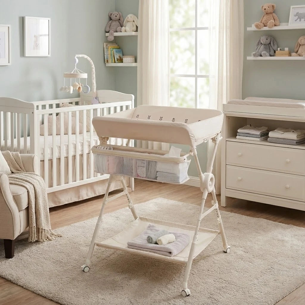 Portable Foldable Baby Changing Table With Wheels And Adjustable Height to Meet Baby's Needs in Family Spaces and Nursery.