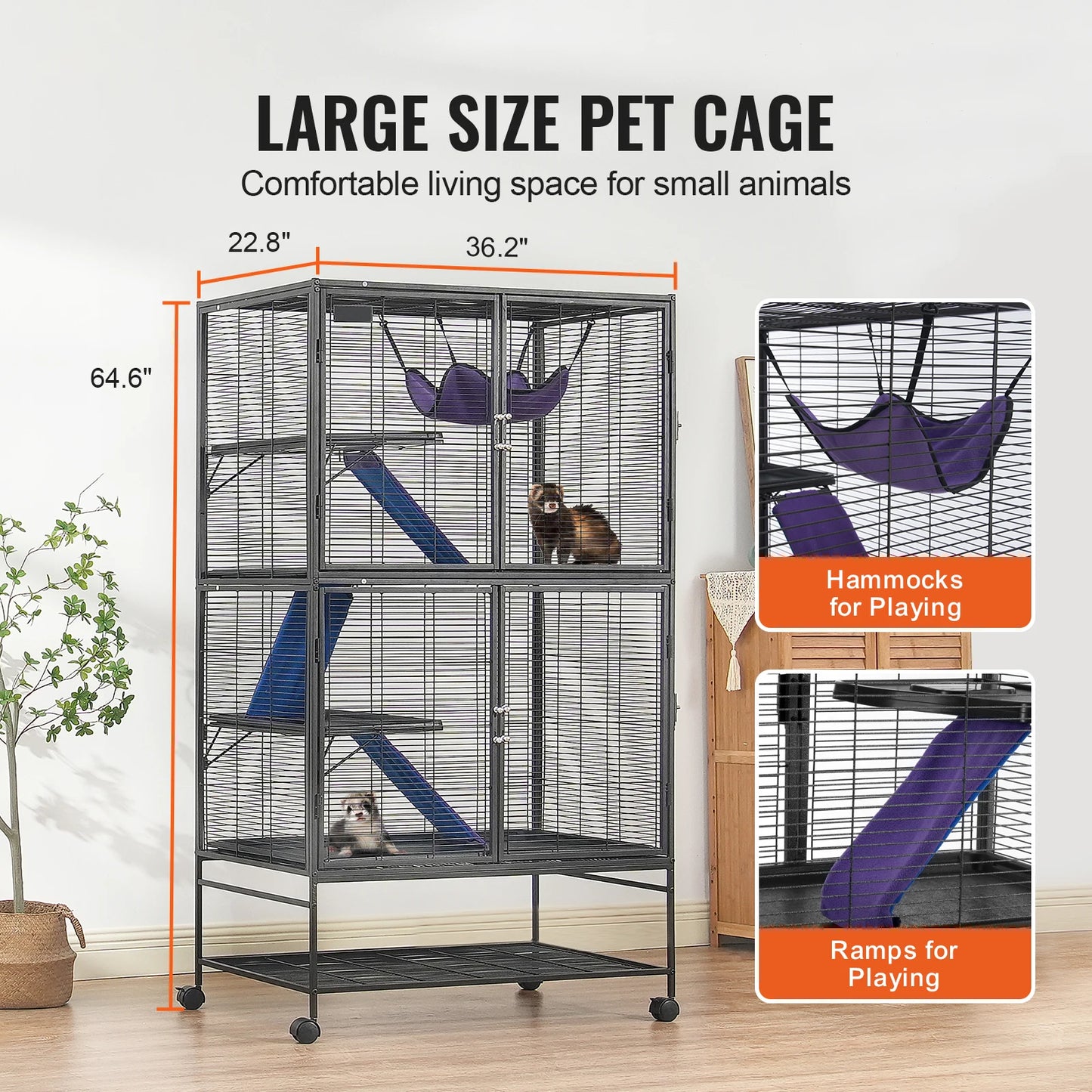 64.6" Rolling Metal Ferret Cage with 4-Tiers- Small Animal Cage for Pet Chinchillas, Guinea Pigs, Sugar Gliders