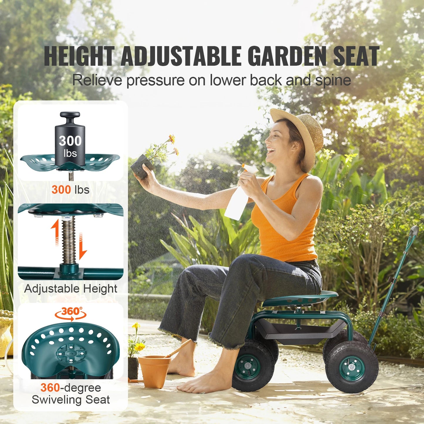 SucceBuy Garden Cart Rolling Workseat With Wheels Swivel Seat