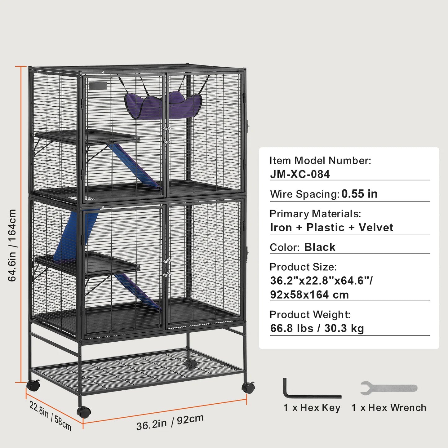 64.6" Rolling Metal Ferret Cage with 4-Tiers- Small Animal Cage for Pet Chinchillas, Guinea Pigs, Sugar Gliders
