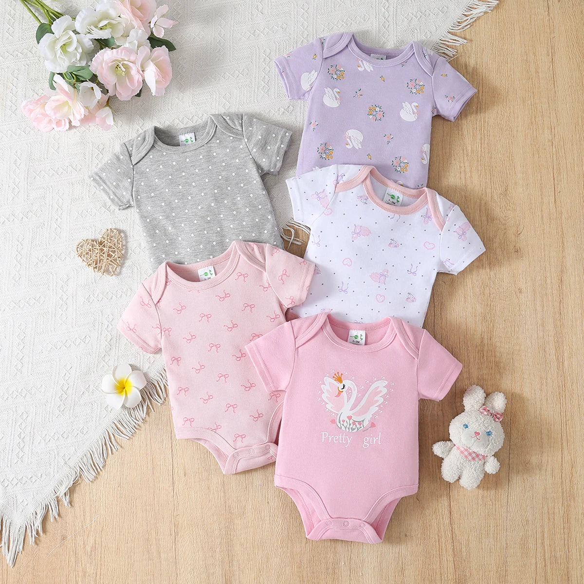 5pcs Baby Girl Romper Set - Cute Floral and Animal Print Short Sleeve Outfits with Ribbed Cuffs, Soft Breathable Fabric, All-Season Comfort, Elegant Round Neck Design for Outdoor Play & Casual Attire, Baby Girl Clothes, Playf