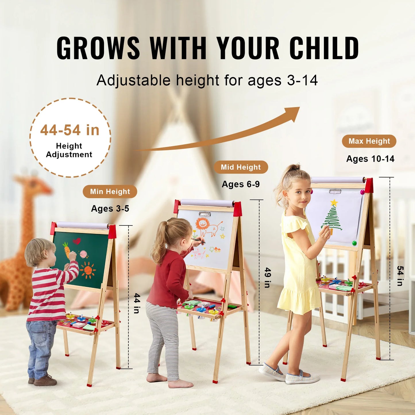 Adjustable Children's Magnetic Drawing Board, Wooden Double-Sided Art Easel with Whiteboard - Chalkboard for creative play.