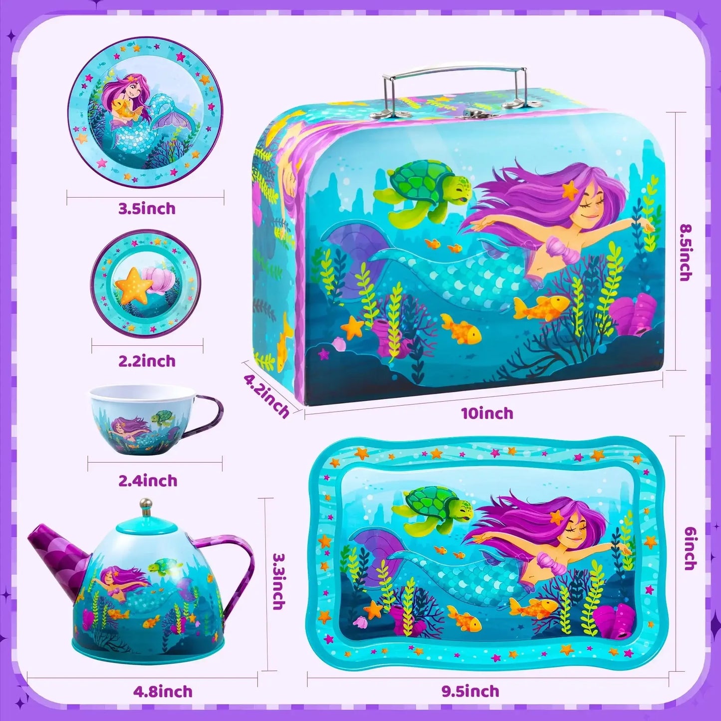 Child's Tea Set, Mermaid Tea Party, for Princess Pretend Play. Tin Teapot, Cups, Plates and Carry Case for  Toddlers to 6 Years Olds