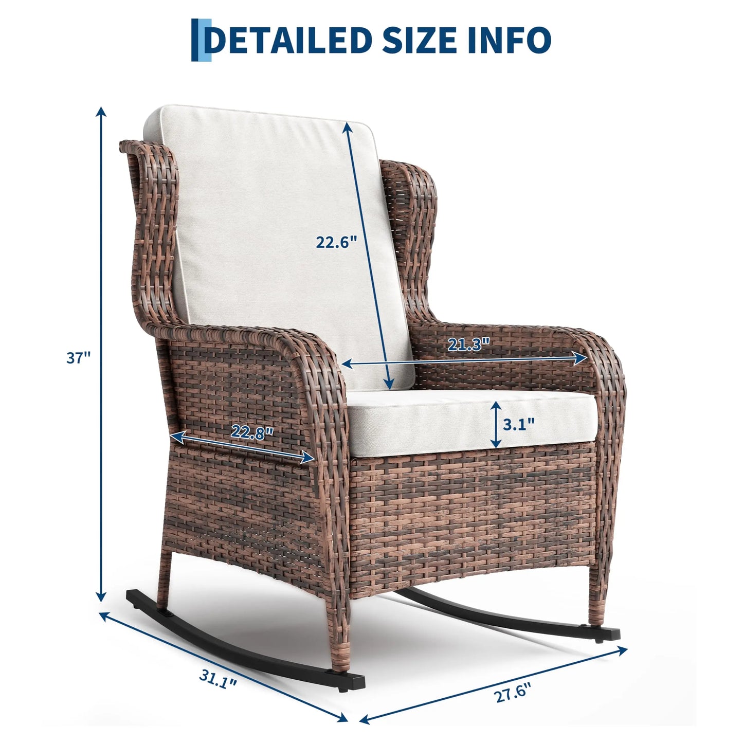 Outdoor Wicker Rocking Chair, All-Weather Patio Rocker with Thick Cushions, High Back Rattan Chair For Adding Style to Front Porch, Garden or Backyard