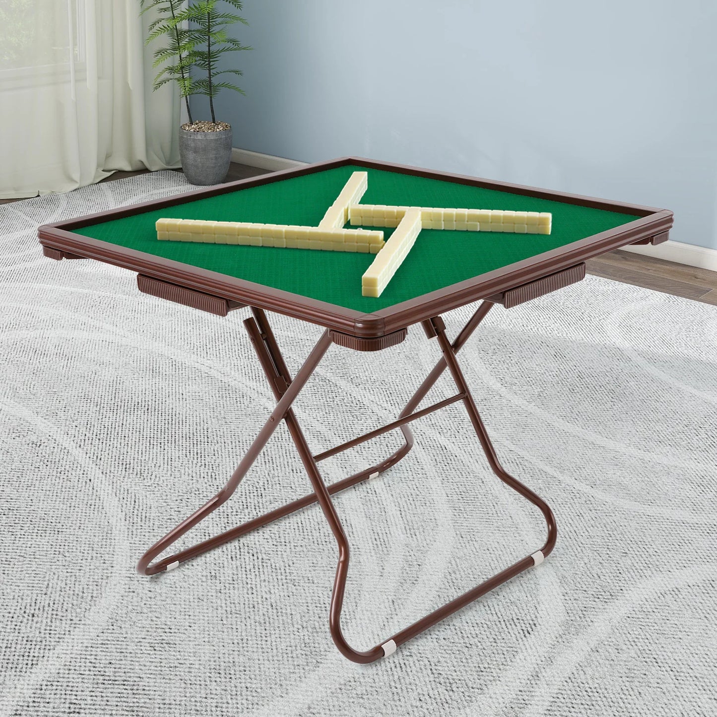 Foldable Square Mahjong Table- Wood Board Velvet Desktop with Plastic Steel Frame, Noise Reduction Anti-slip Table Leg, Rounded Safe Corners, Built-in 4 Cup Holders & 4 Hidden Storage Drawers. Raised Anti-slip Edge for games.