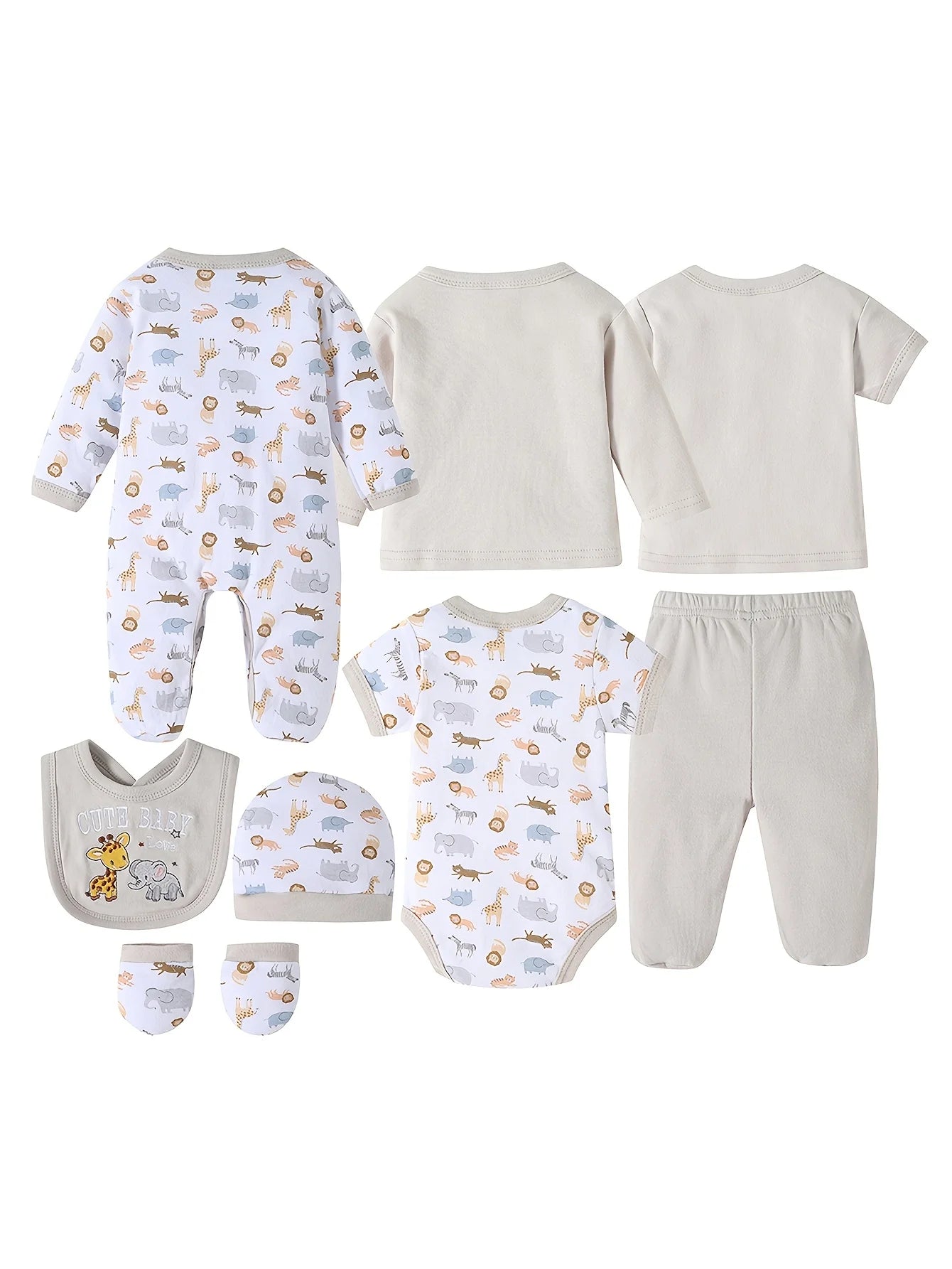 Soft Stretchy Rompers with Cute Prints (Elephant, Giraffe, "I Love Mom" Lettering) Incl. Long Romper, Hat, Bib, Socks, Pants, Jacket, Top And Bodysuit, for Outdoor Travel or Stroller Rides.