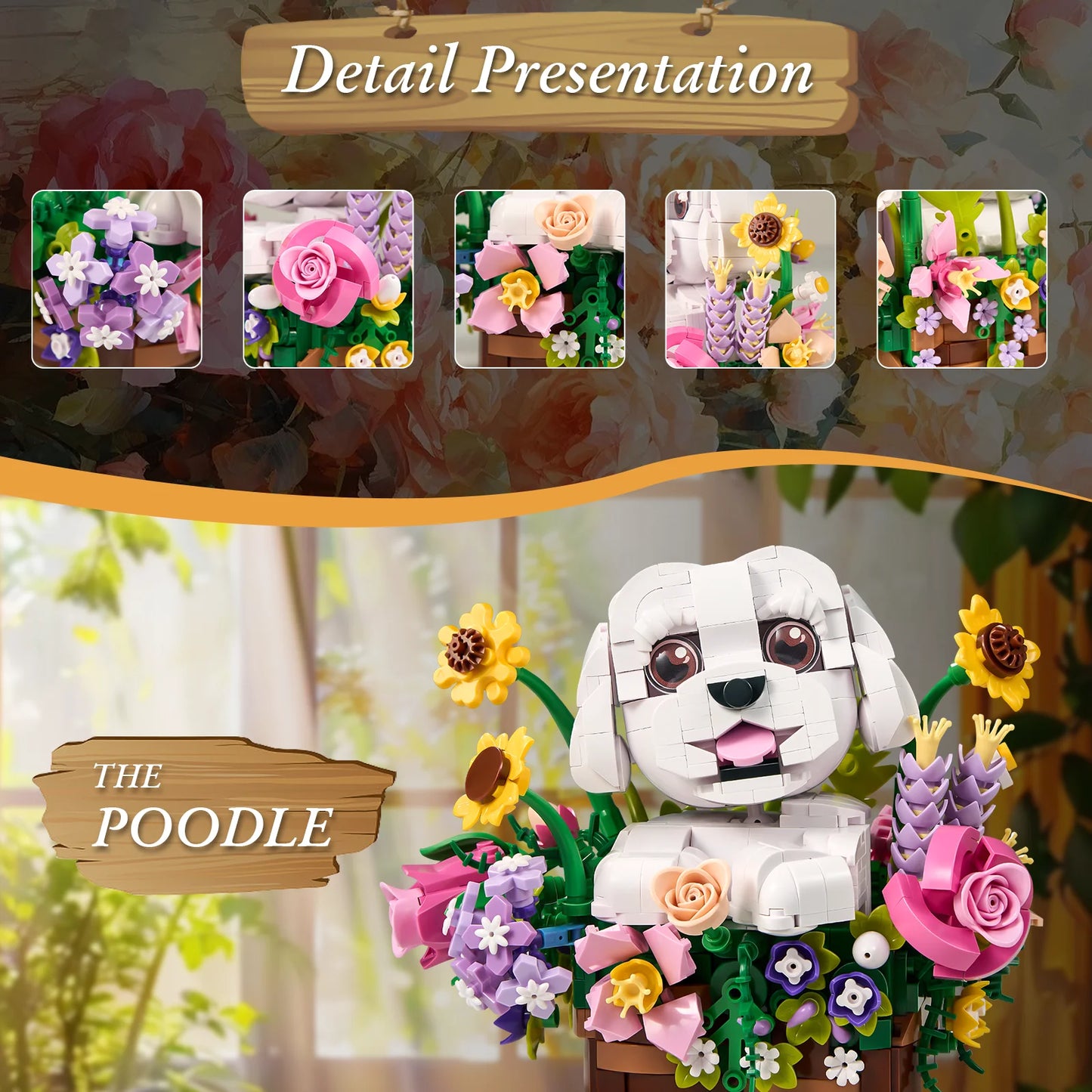 Dog and Flower Bouquet Building Blocks Set compatible with LEGO brand, for the pet and flower lover in the family. Great gift, too.