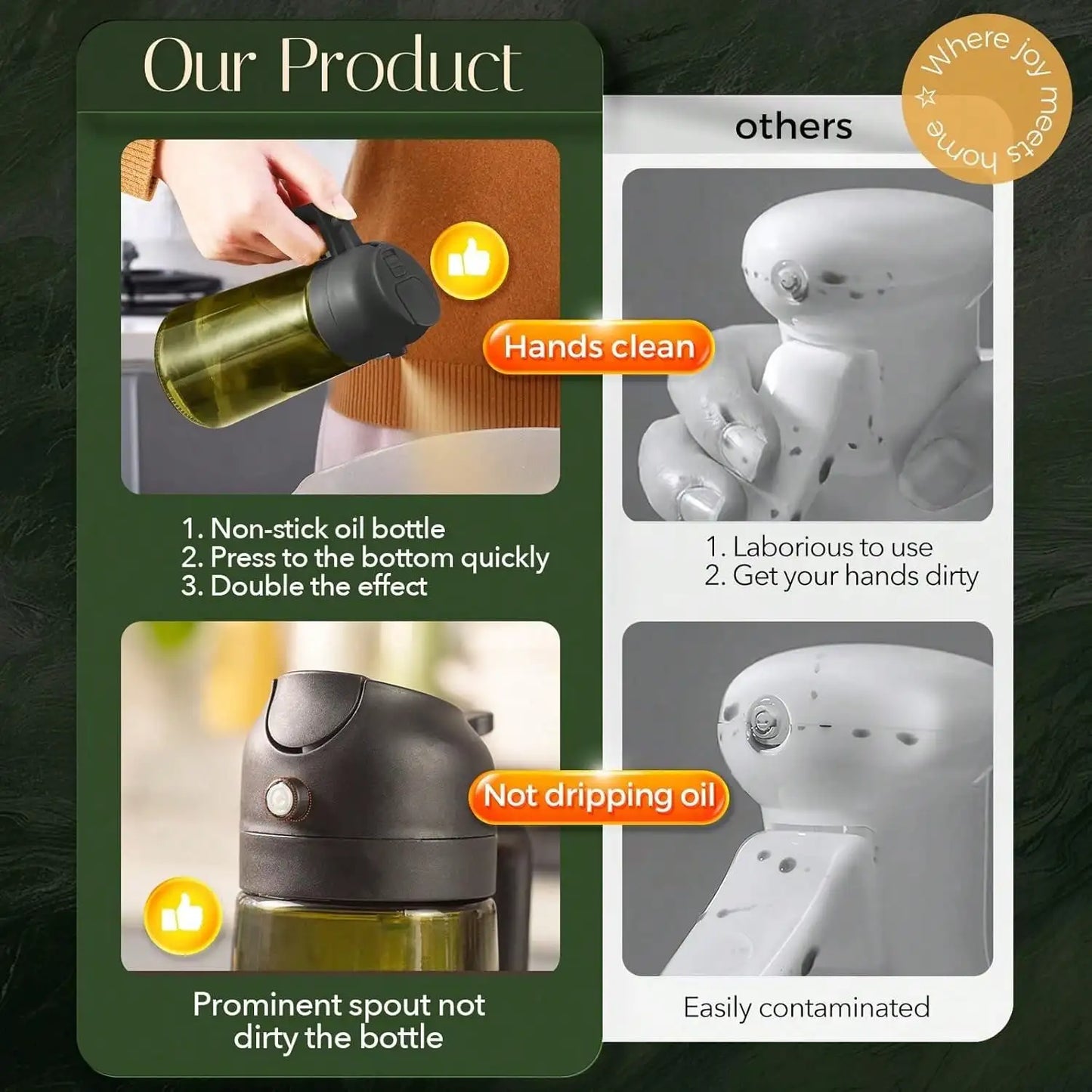 Premium Dark Glass Olive Oil Dispenser- 2 In 1 Cooking Oil Spray Bottle, Multipurpose Kitchen Oil Mister, Perfect for Air Fryer, BBQ, Grilling Household Cooking. Great gift for your favorite Chef.
