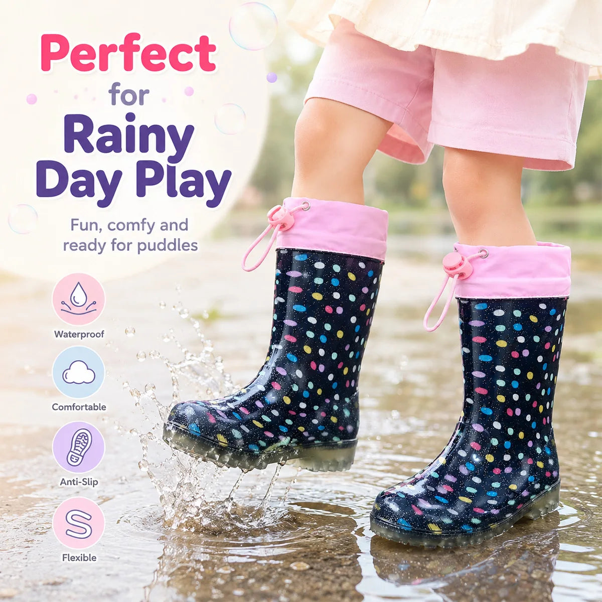 Polka Dot Glitter Kids Rain Boots Non Slip Waterproof Wellies