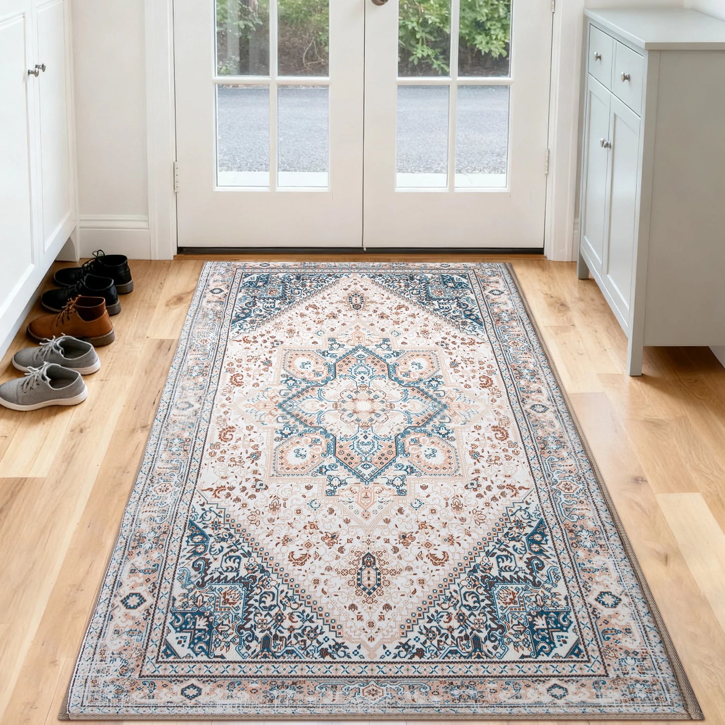 Soft Vintage Boho Medallion Runner Rug, Non Slip, Washable, Low Pile