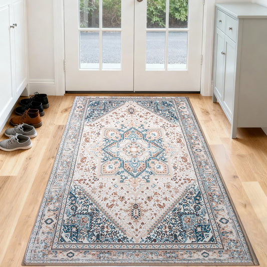 Soft Vintage Boho Medallion Runner Rug, Non Slip, Washable, Low Pile