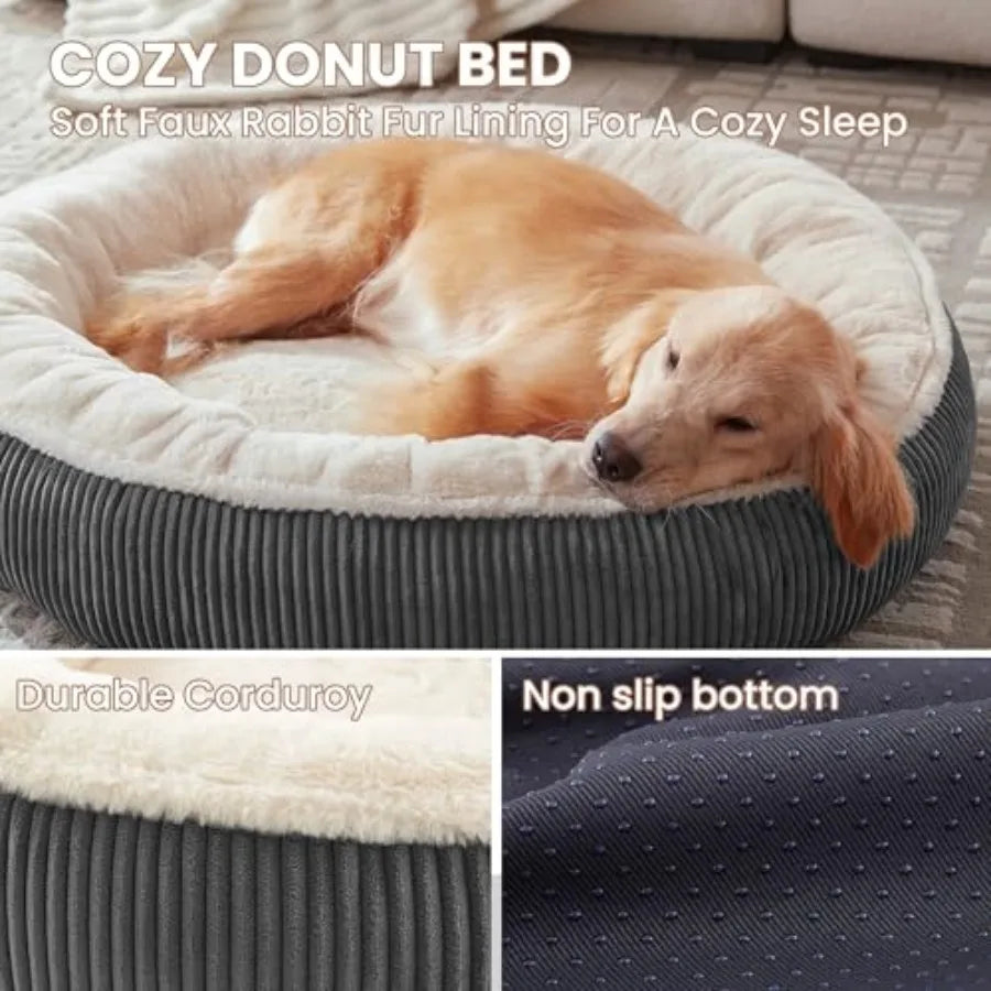 36 inches Donut Dog Bed for Large Dogs - Calming Round Pet Bed with Removable and Washable Cover, Plush Faux Fur and Corduroy