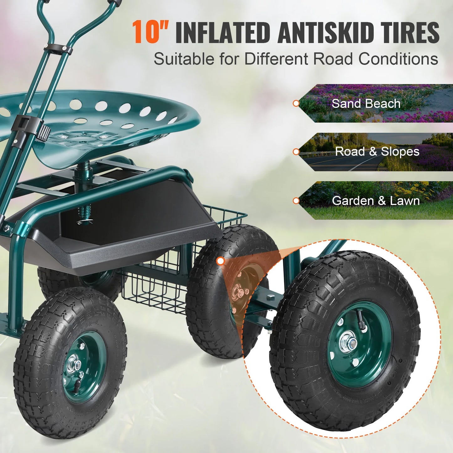 SucceBuy Garden Cart Rolling Workseat With Wheels Swivel Seat