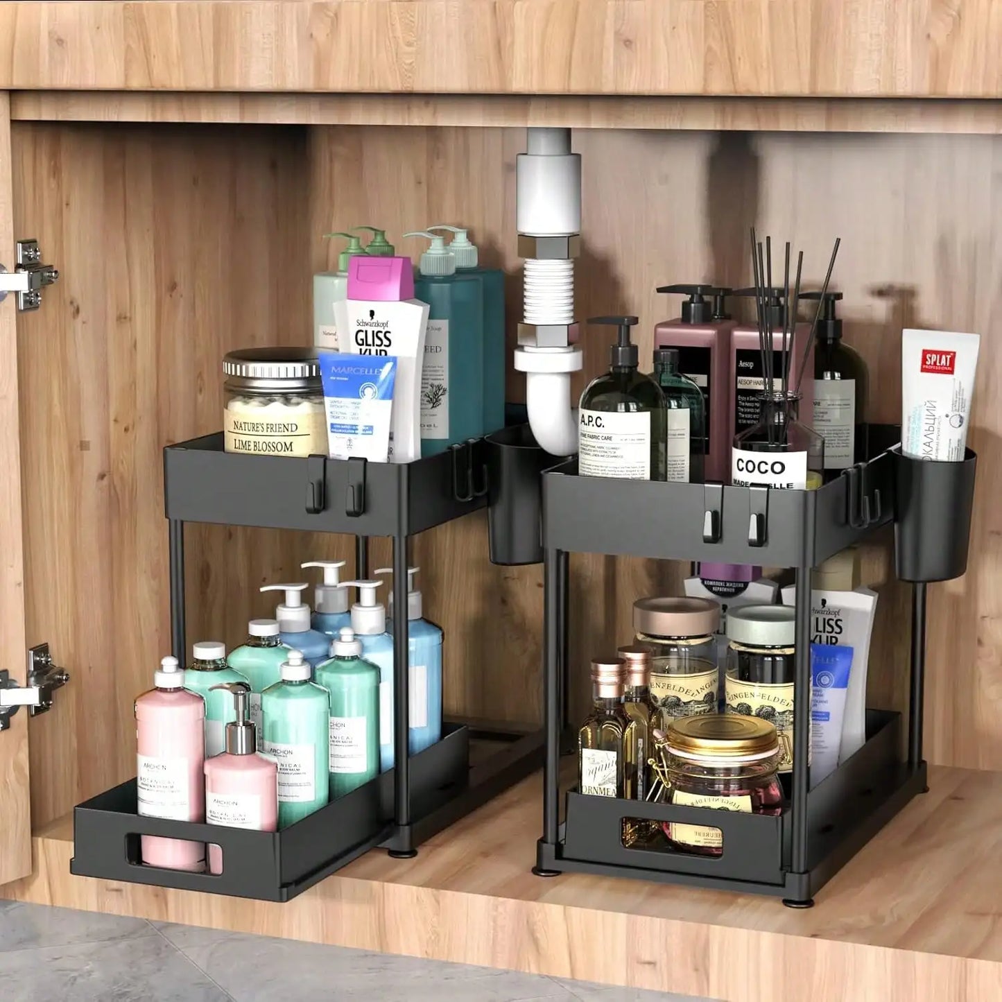 2 Tier Under Sink Organizer and Storage, Large Capacity, Heavy Load Pull-Out Under Sink Shelves with Sliding Drawer for Kitchen And Bathroom keeping order in tight spaces.