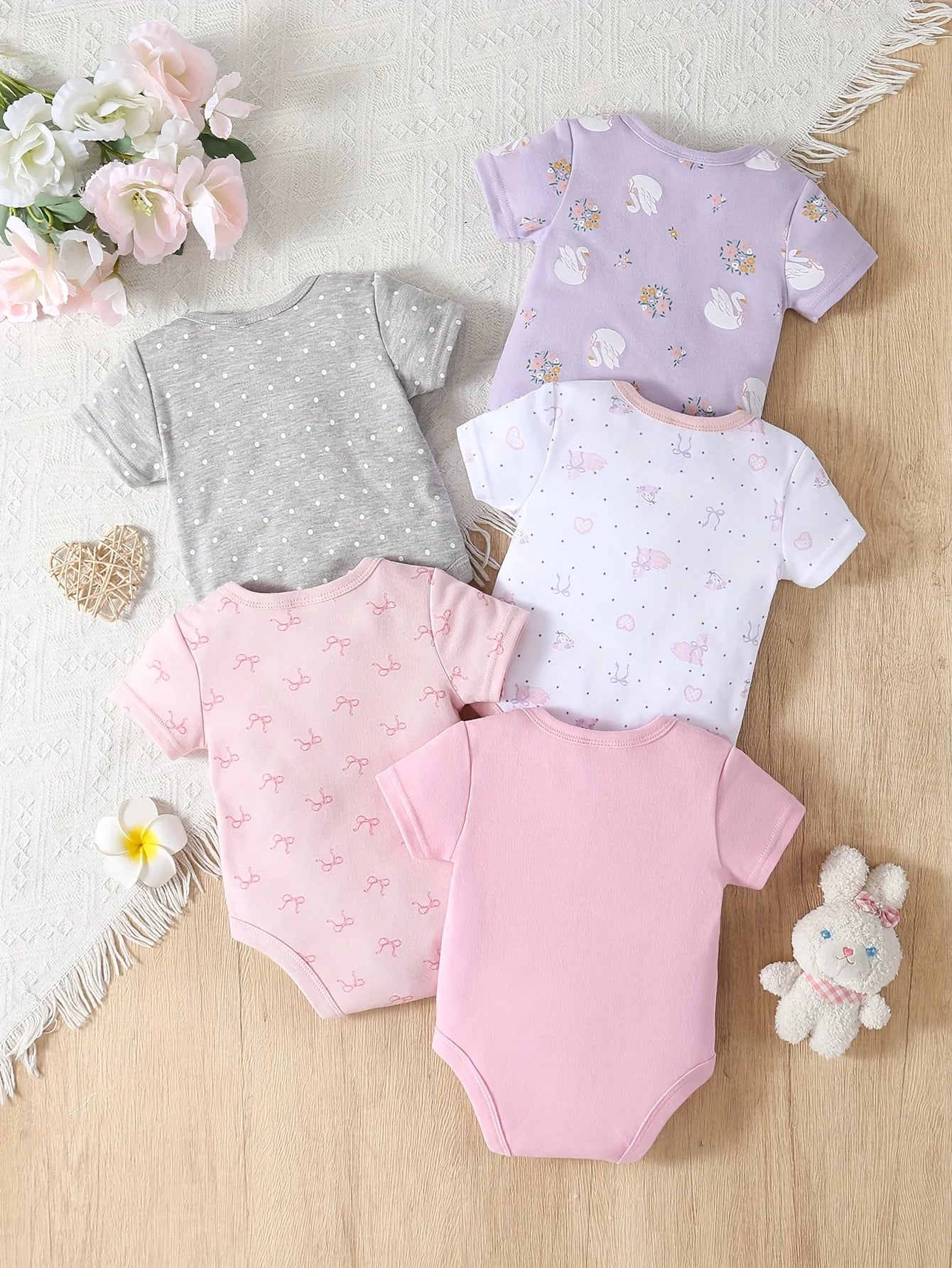 5pcs Baby Girl Romper Set - Cute Floral and Animal Print Short Sleeve Outfits with Ribbed Cuffs, Soft Breathable Fabric, All-Season Comfort, Elegant Round Neck Design for Outdoor Play & Casual Attire, Baby Girl Clothes, Playf