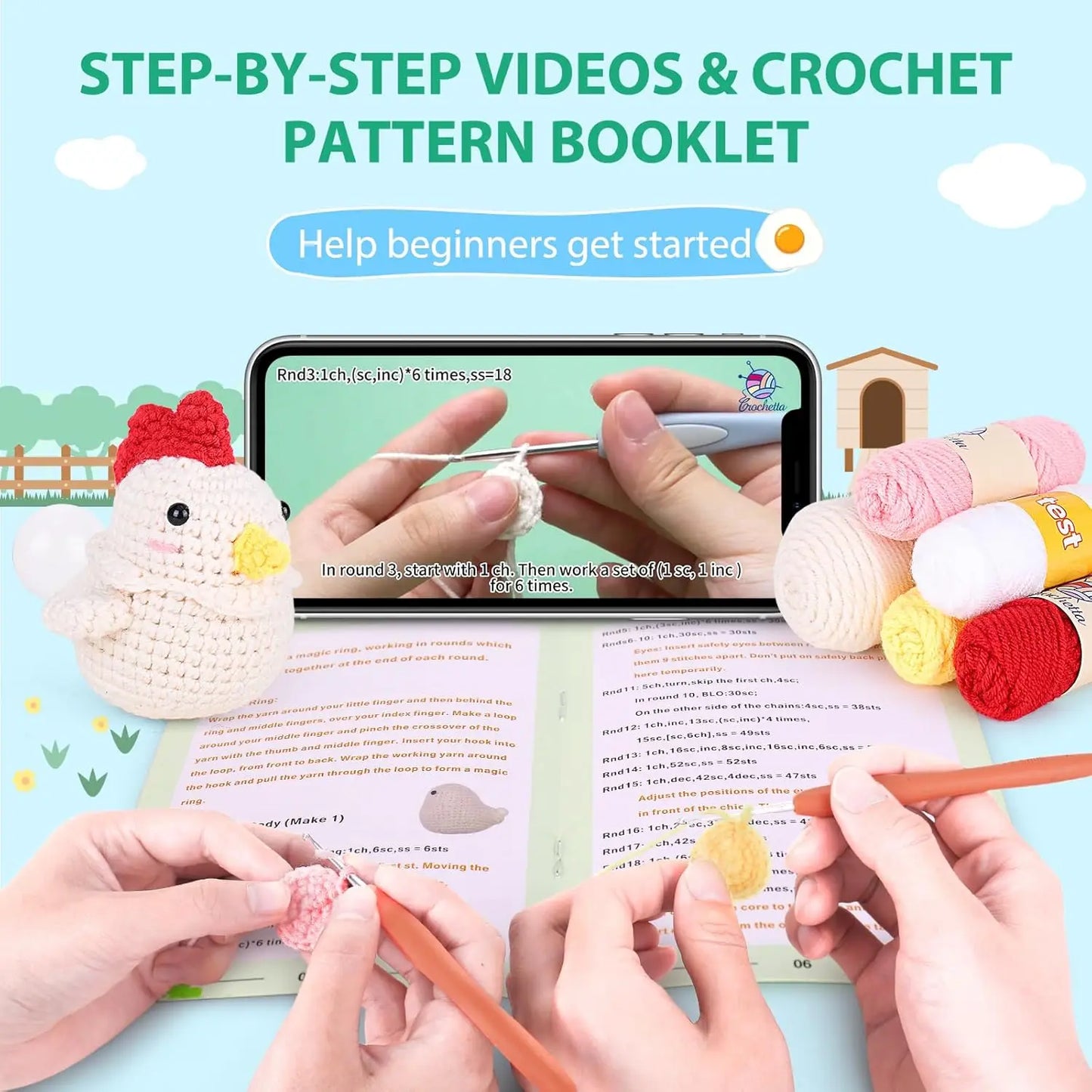 Beginner Crochet Kit with Video Tutorials, Squeeze Bubble chicken,  Craft set for Adults & Kids