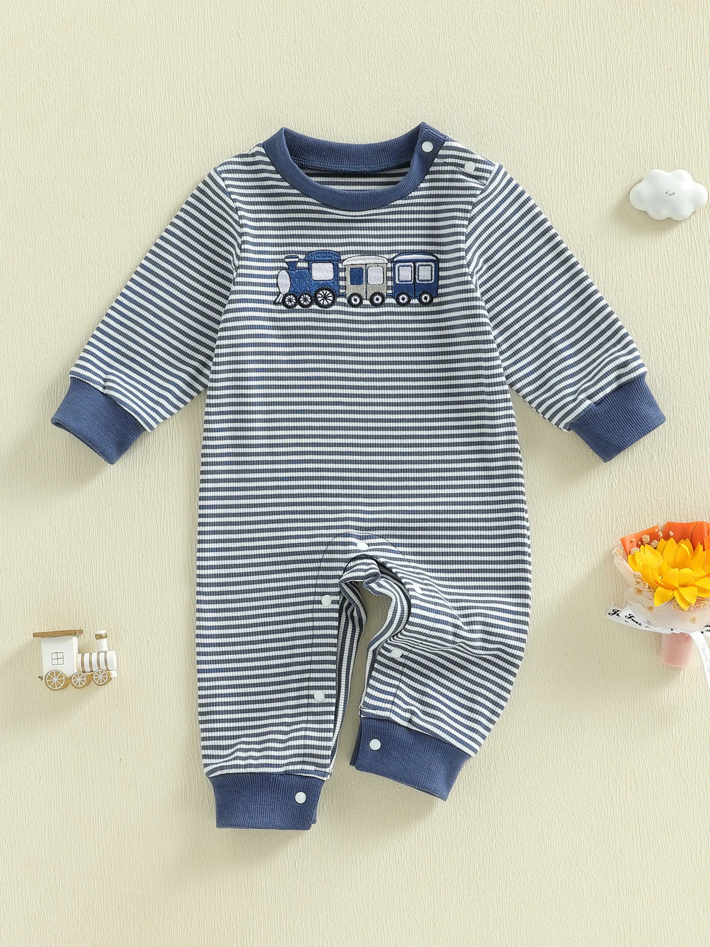 Infant-Toddler Boys Striped Playsuit with Long Sleeves and Train Embroidery. Comfortable Crewneck Loose Fit Romper