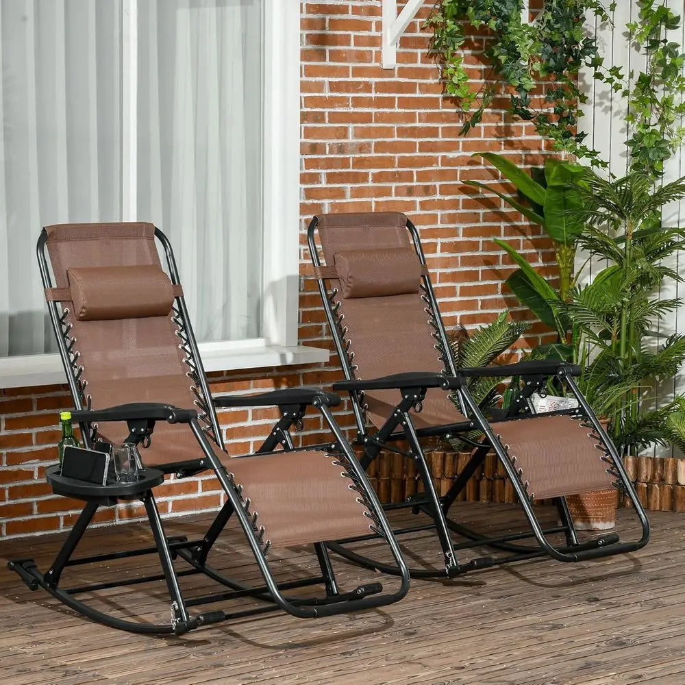 2-Piece Outdoor Rocking Chairs Set: Reclining Zero Gravity Lounge Rockers with Pillows, Cup & Phone Holders, Folding Legs, Brown for great patio relaxation.