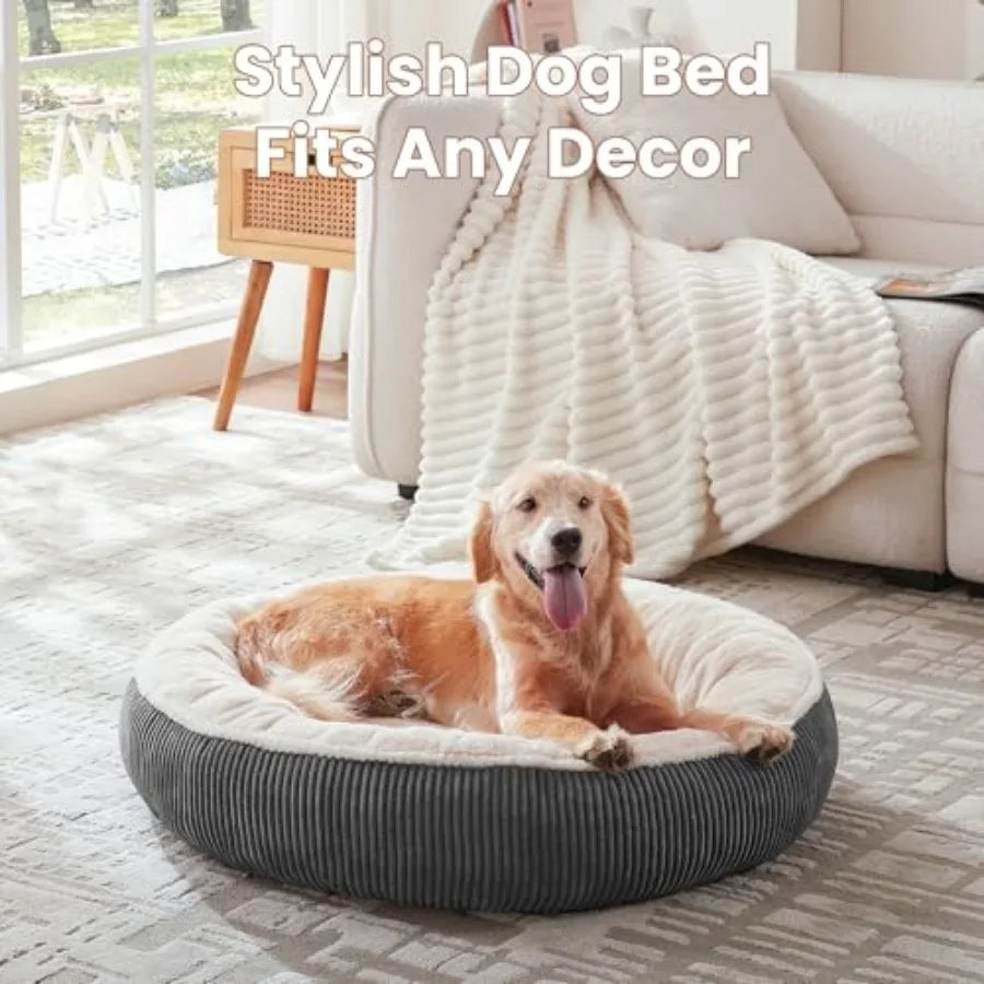 36 inches Donut Dog Bed for Large Dogs - Calming Round Pet Bed with Removable and Washable Cover, Plush Faux Fur and Corduroy