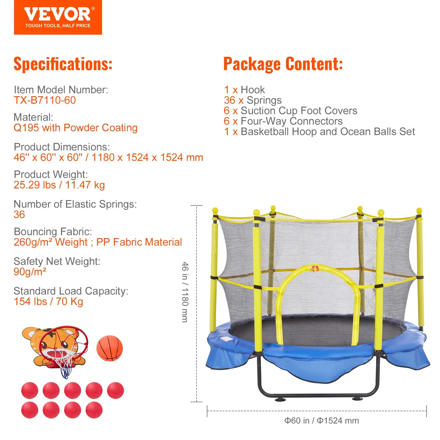 Trampoline With Safety Enclosure Net Indoor Outdoor For Kids