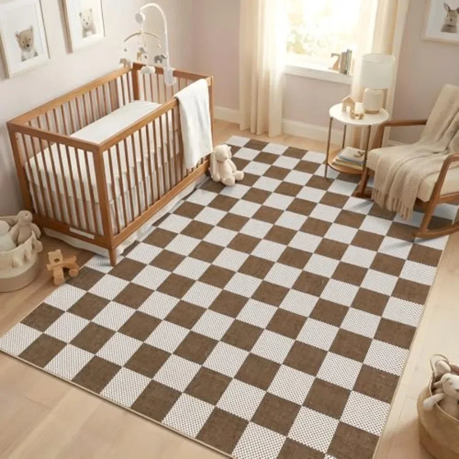 Checkered Washable Kilim Rug Geometric Neutral Boho Low Pile
