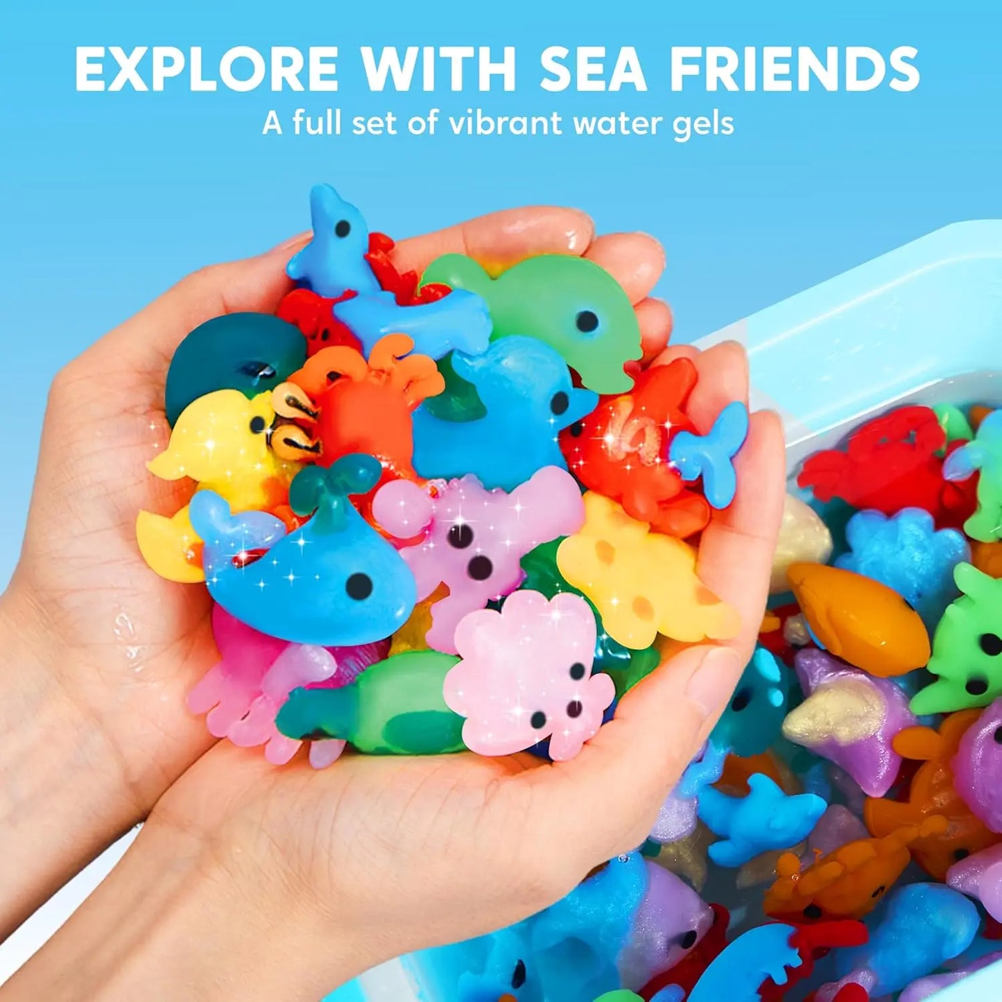 Water Gel Toy Kit with 10 Gel  Bottles for Kids that enjoy sensory play with hands.