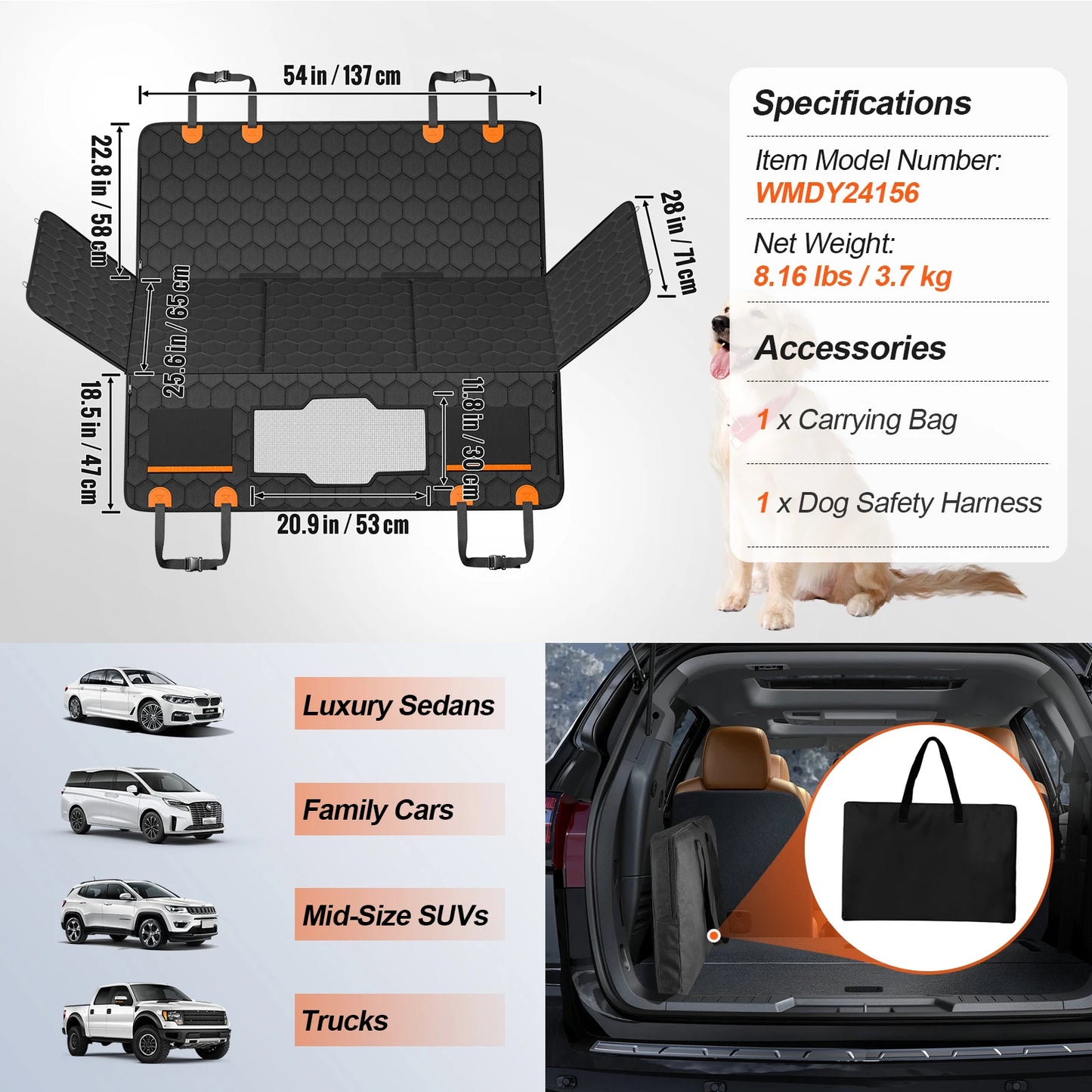 Dog Car Seat Cover for Back Seat Bed with Mesh Window and Storage Pocket, Supports 350lbs, Dog Hammock