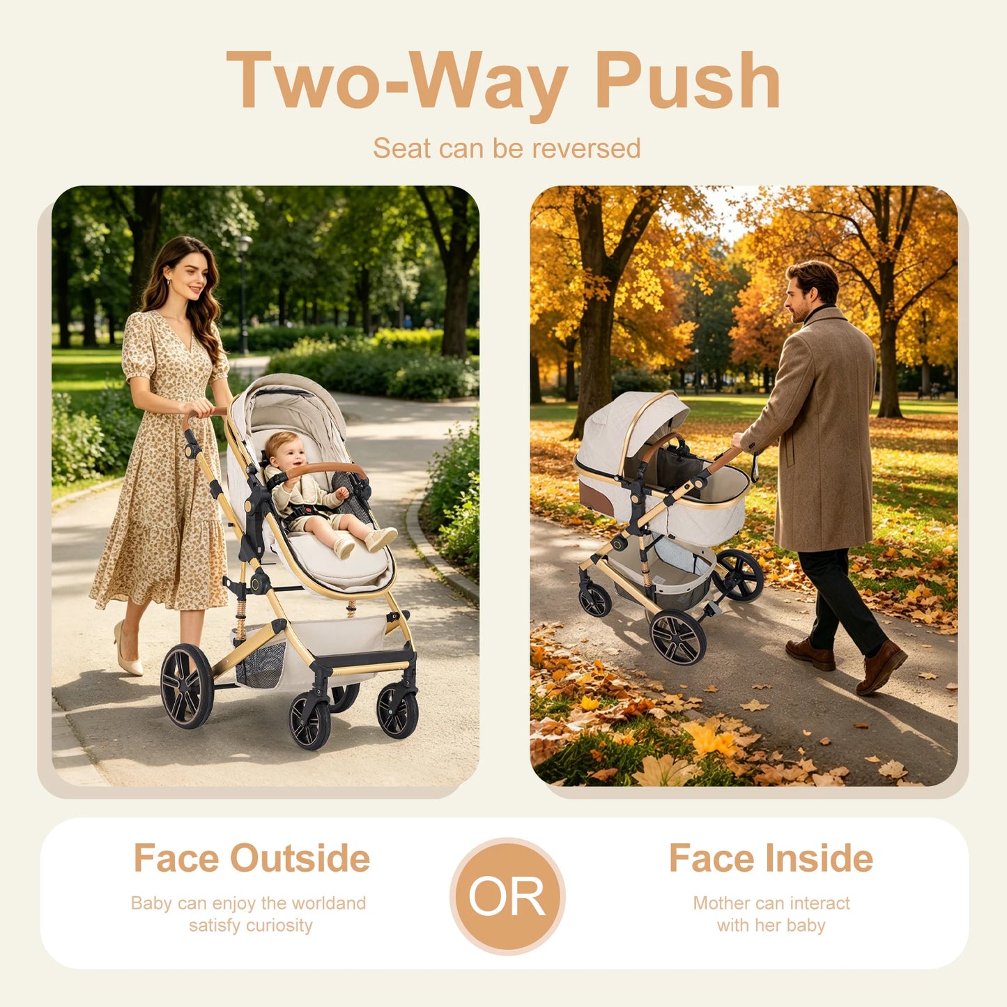 2 In 1 Baby Stroller Foldable Carriage With Reversible Bassinet
