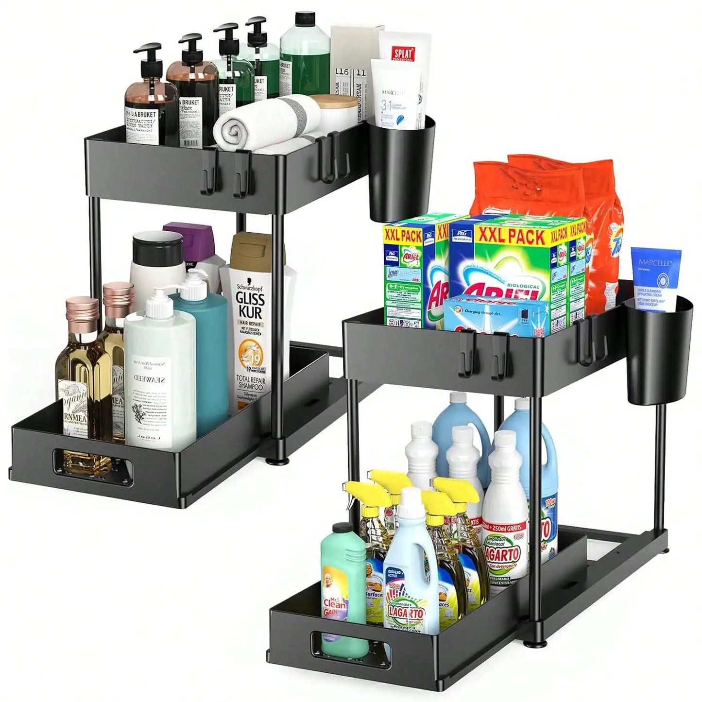 2 Tier Under Sink Organizer and Storage, Large Capacity, Heavy Load Pull-Out Under Sink Shelves with Sliding Drawer for Kitchen And Bathroom keeping order in tight spaces.