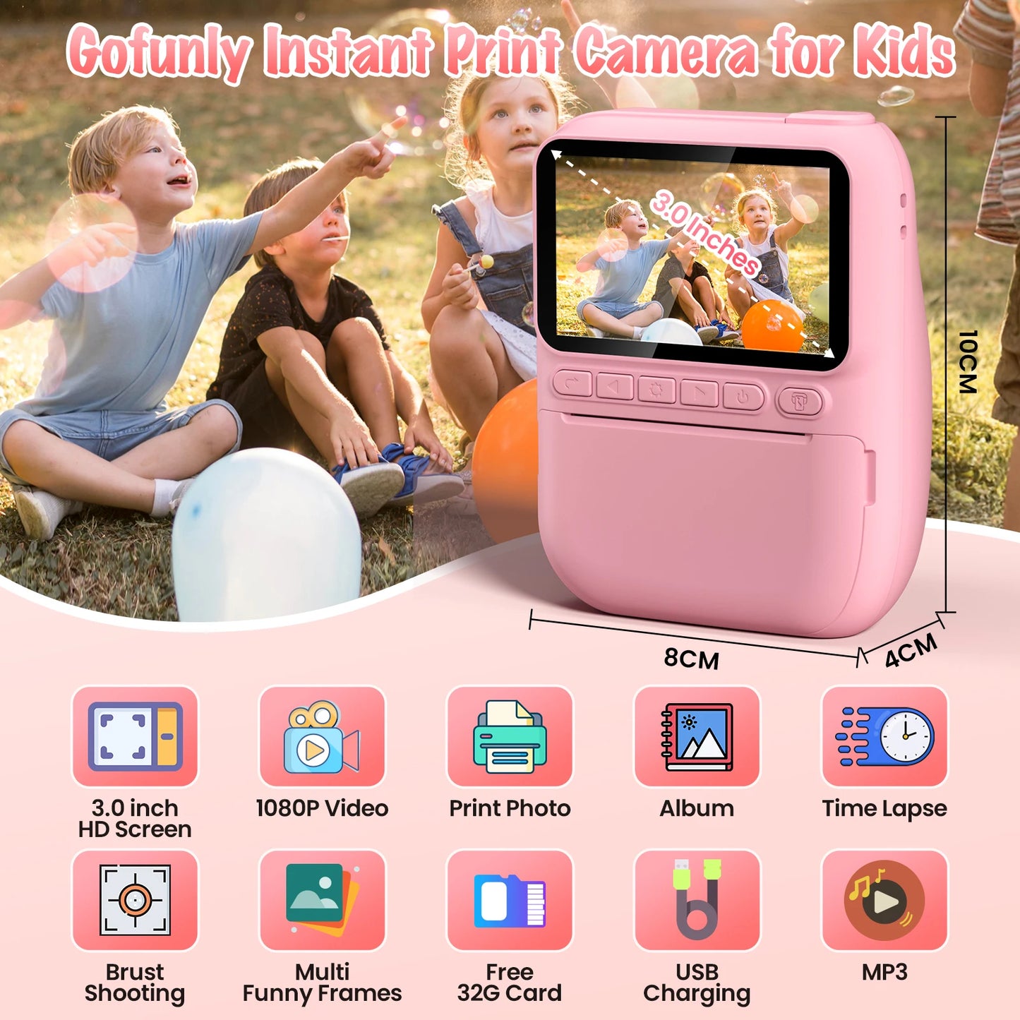 Instant Print Camera for Kids, 3.0" Kids Camera for 5-12 Years,  HD 1080P Digital Camera with 3 Rolls of Printer Paper for early exposure to creative photography.